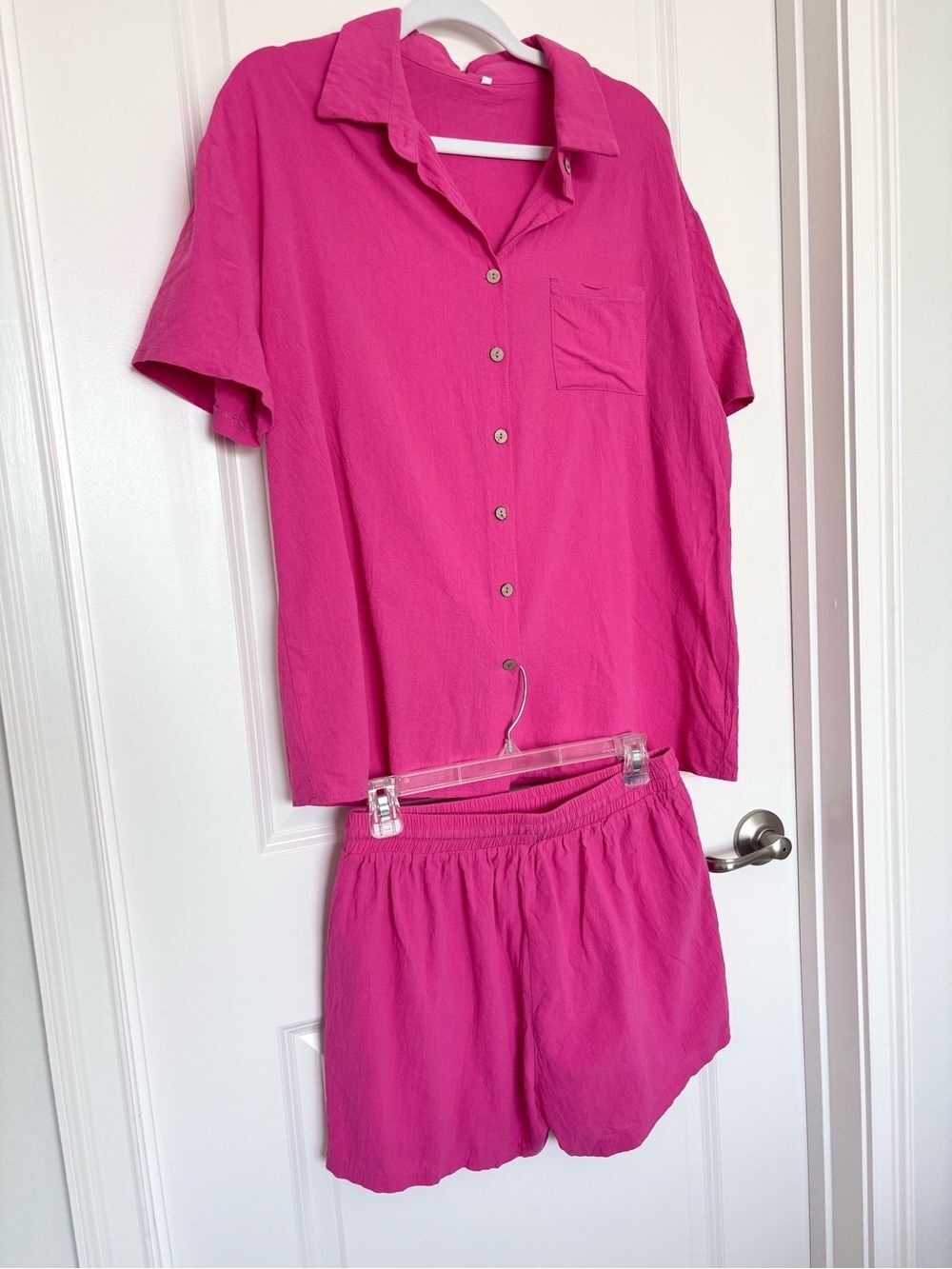 Barbiecore Pink 100% Cotton Matching Set Cover up Outfit Button Up Shirt Short M